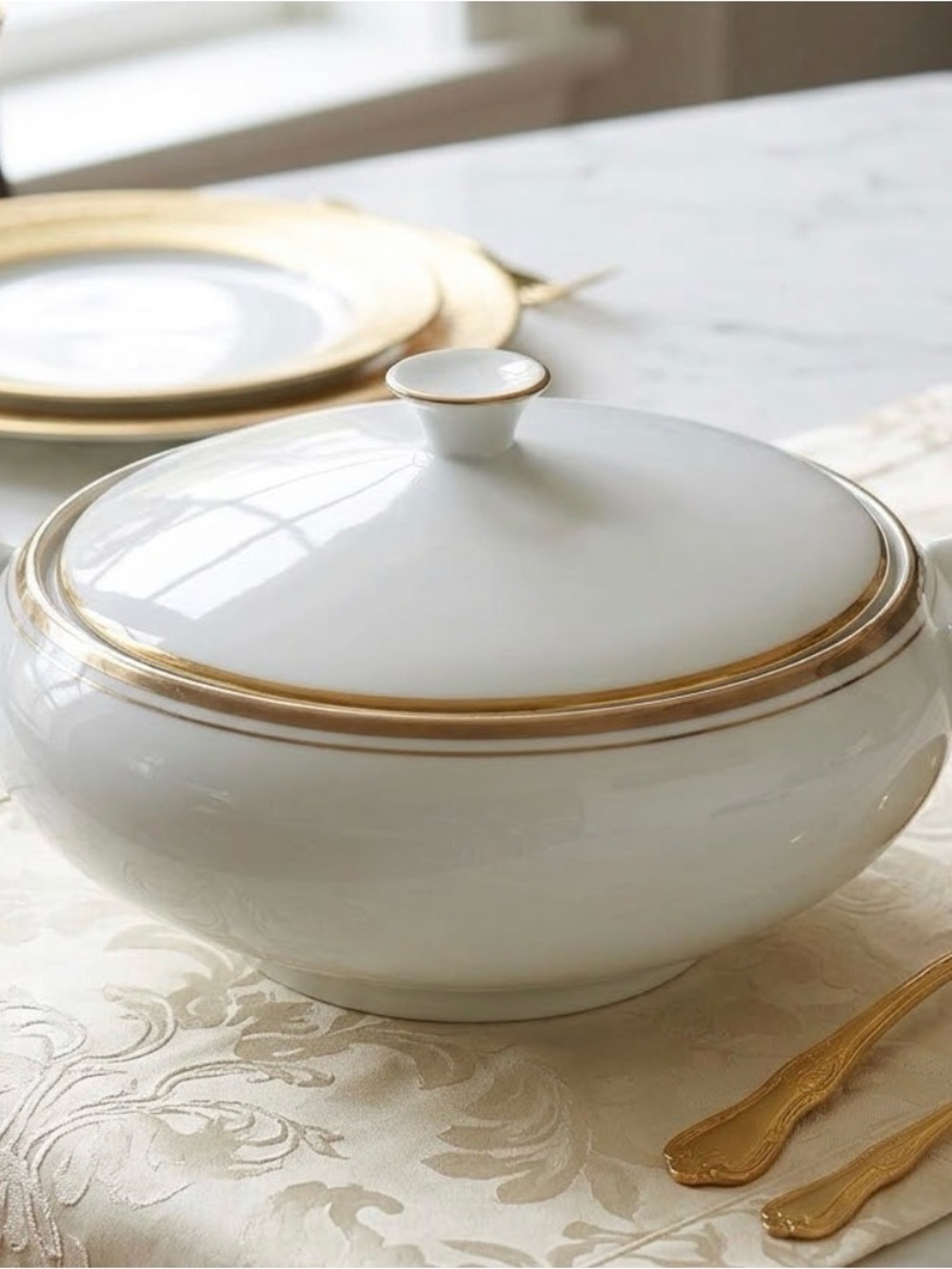 Vintage Royalton China Translucent Porcelain Covered Serving Bowl with Gold Trim